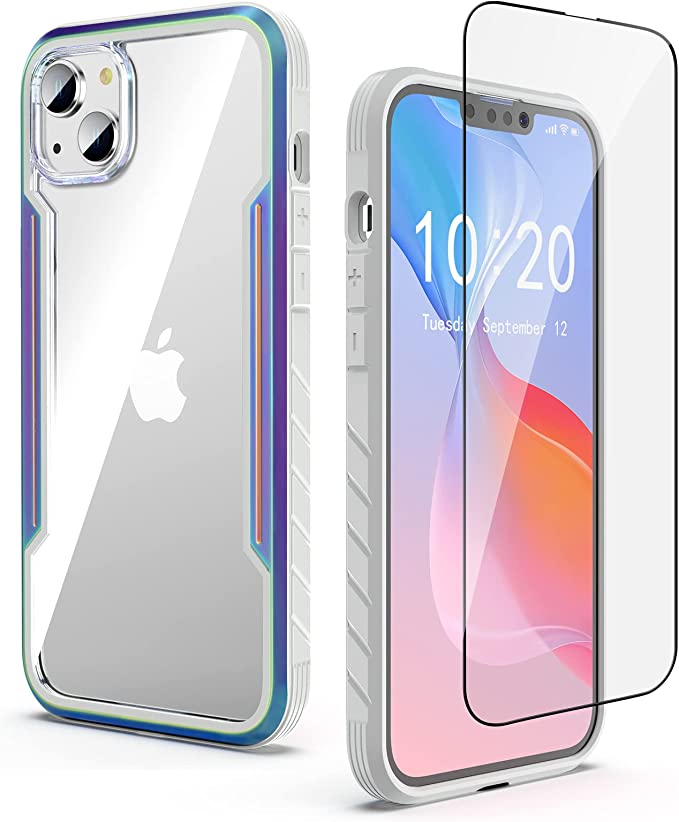 Photo 1 of Compatible with iPhone 14 Plus Case, 2 in 1 Shockproof Military Protection Slim Cases Phone Covers Clear with 1 Glass Screen Protector for iPhone 14 Plus 6.7 inch- Iridescent
