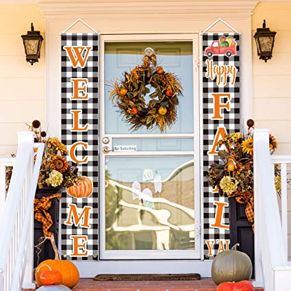 Photo 1 of 2 Pieces Happy Fall Harvest Buffalo Banner Plaid Autumn Fall Banner Pumpkin Porch Sign Thanksgiving Hanging Banner Flag for Home Farmhouse Classroom Garden Wall Yard Party (Plaid Backdrop)
