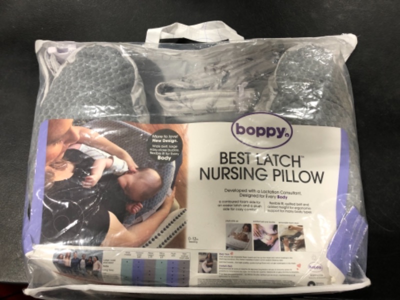 Photo 2 of Boppy Nursing Pillow—Best Latch | Plus-Sized Breastfeeding Pillow with Belt Designed with Lactation Consultants | Fits All Body Types | Machine Washable| Leaf Stripe and Soft Textured Gray Gray Leaf Stripe