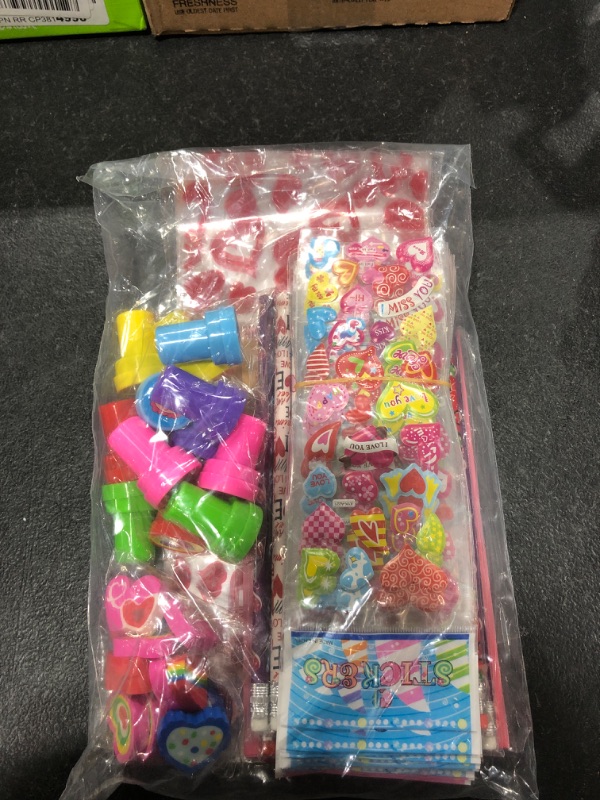 Photo 2 of 102PCS Valentine Stationary Set with Cellophane Treat Bags Valentines Day Gifts for Kids Classroom Exchange Prizes Party Favors with Erasers Stampers Stickers Cards Pencils