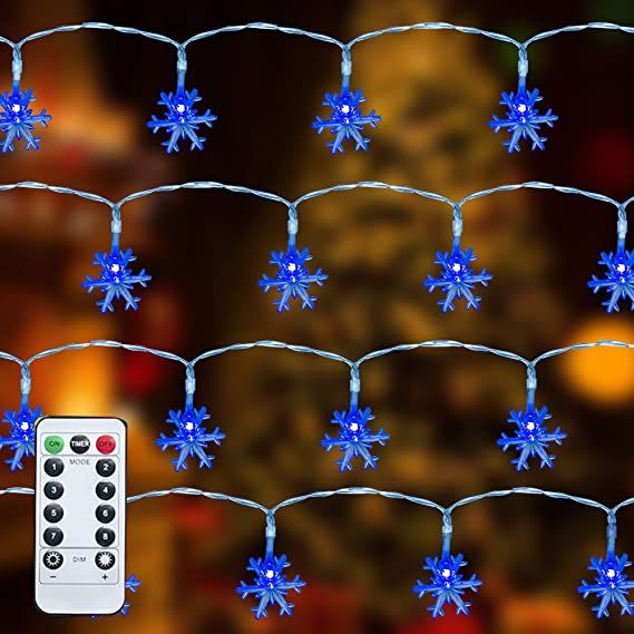 Photo 2 of 50 LED Christmas Hanukkah Snowflake String Lights, 26.9 FT Snow Decorations Light with 8 Modes, Battery Operated Fairy Light with Remote, Party Decor Indoor Outdoor, Blue