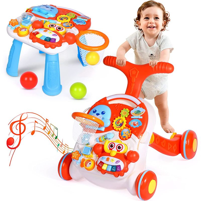 Photo 1 of 2-in-1 Baby Walker for Girls Boys, Sit to Stand Learning Walker and Activity Center Table, Educational Baby Push Walker, Musical Infant Toys for 1 Year Old Kids Birthday Gift for 6 9 12 18 24 Months
