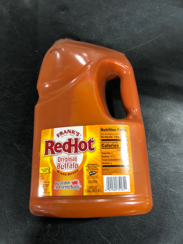 View 2 of Frank's RedHot Original Buffalo Wings Sauce, 1 gal - 1 Gallon Bulk Container of Buffalo Hot Sauce with a Bold, Spicy Flavor Perfect for Wings, Dressings, Dips and More 128 Fl Oz (Pack of 1)
exp jan 17/2025