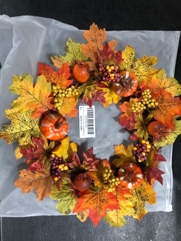 Photo 2 of 15 Inch Fall Wreath, Autumn Maple Leaf Harvest Thanksgiving Door Wreath for Front Door with Pumpkins, Pinecone, Maple Leaf and Berry