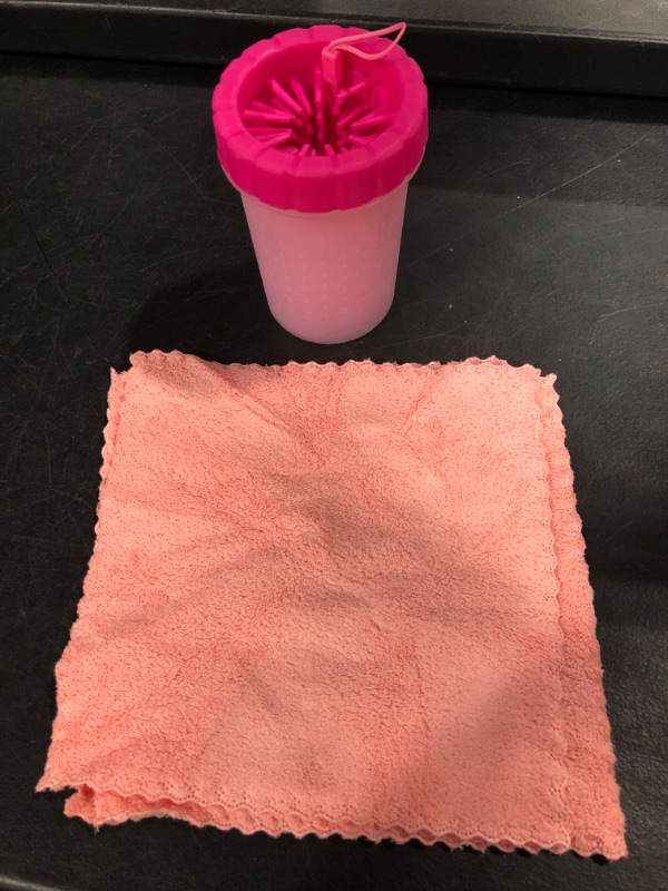 Photo 2 of  Dog Paw Cleaner, Portable Dog Paw Washer Pet Cleaning Silicone Brush with 3 Absorbent Towel, Pet Foot Cleaner for Small Breed Dogs(Pink)
