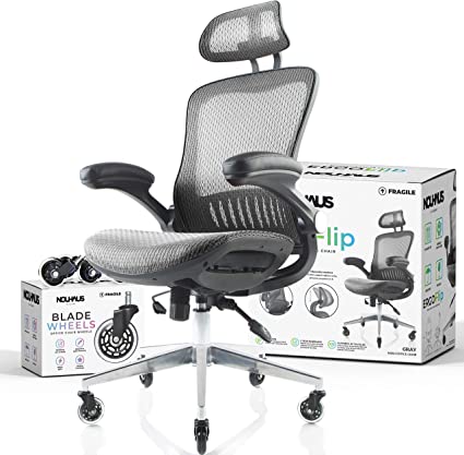 Photo 1 of Nouhaus ErgoFlip Mesh Computer Chair - Grey Rolling Desk Chair with Retractable Armrest and Blade Wheels Ergonomic Office Chair, Desk Chairs, Executive Swivel Chair/High Spec Base
