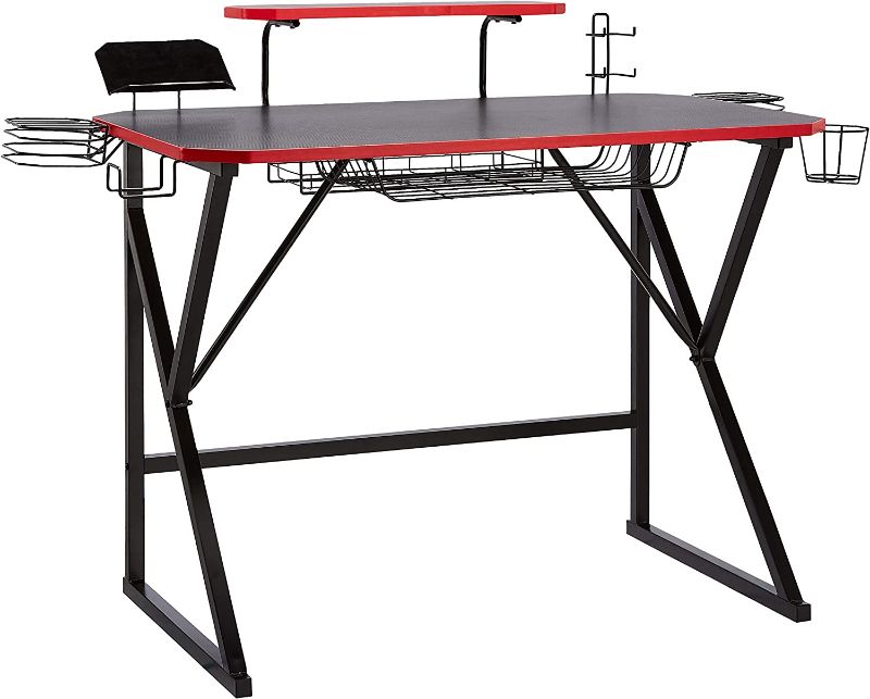 Photo 2 of Amazon Basics Gaming Computer Desk with Storage for Controller, Headphone & Speaker - Red