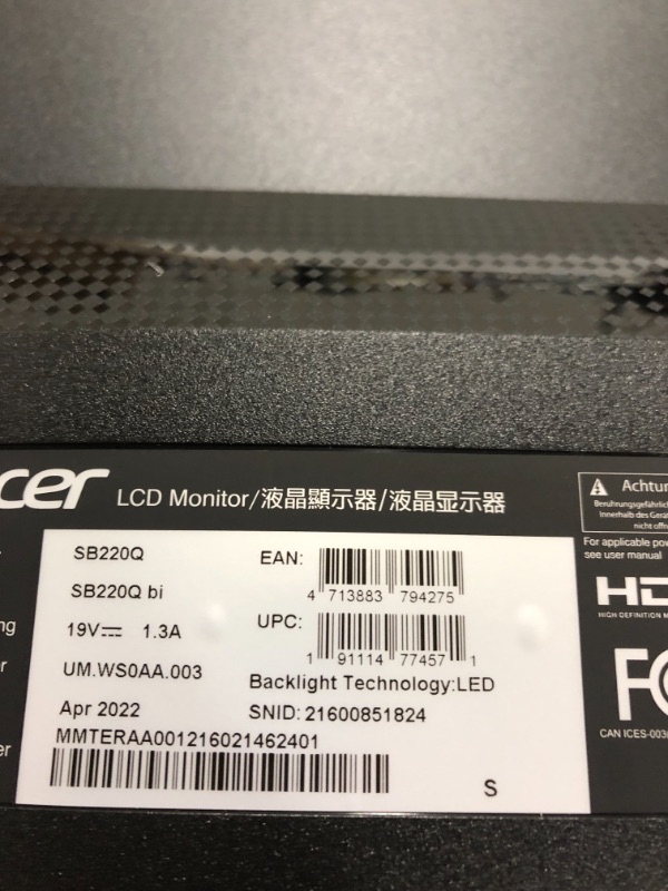 Photo 4 of Acer SB220Q Bi 21.5' Full HD (1920 X 1080) IPS Ultra-Thin Zero Frame Monitor (HDMI & VGA Port)
