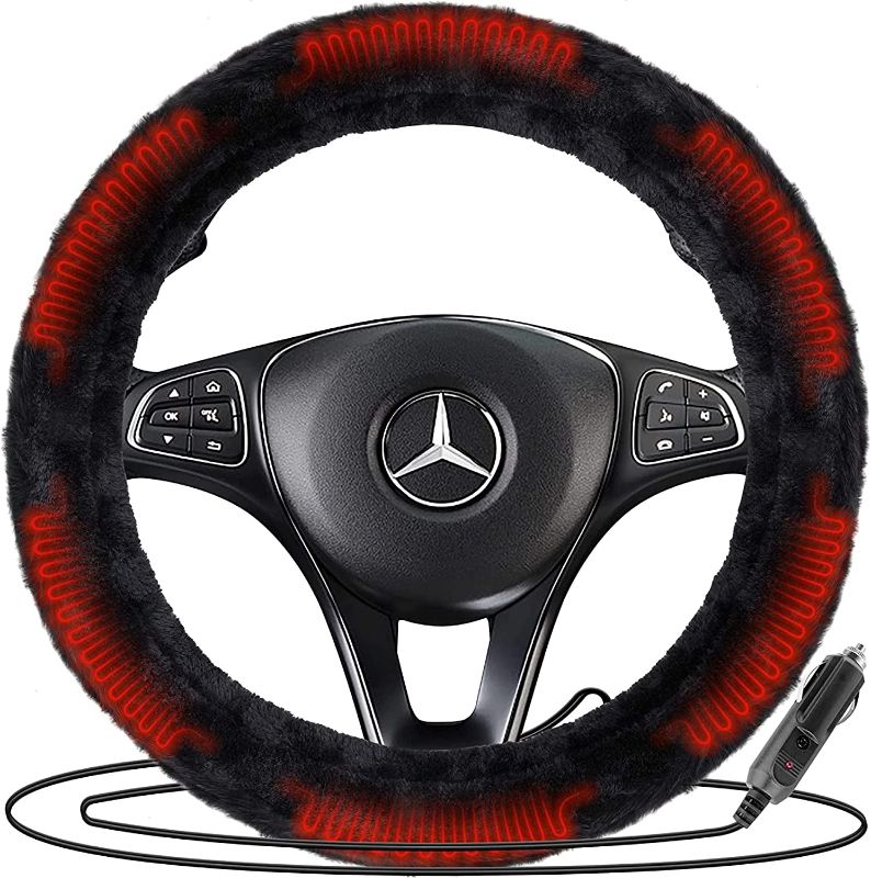 Photo 1 of  Car Steering Wheel 12V Plush Heated Cover - Classic Black Premium Quality Ultra Comfortable 12V Vehicle Heated Wheel Plush Comfy Protector 14in
