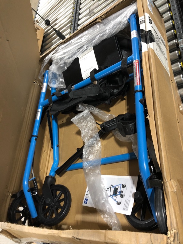 Photo 2 of Medline Mobility Lightweight Folding Steel Rollator Walker with 6-inch Wheels, Adjustable Seat and Arms, Light Blue