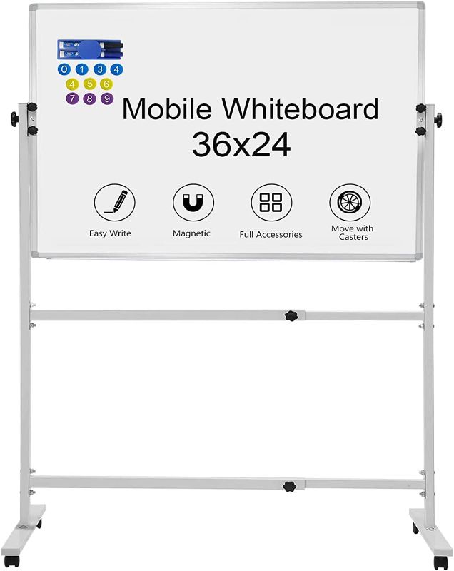 Photo 1 of Mobile Magnetic Whiteboard Dry Erase Board on Wheels 36 X 24, Height Adjustable Whiteboard with Stand Including 1 Eraser, 2 Markers and 10 Magnets
