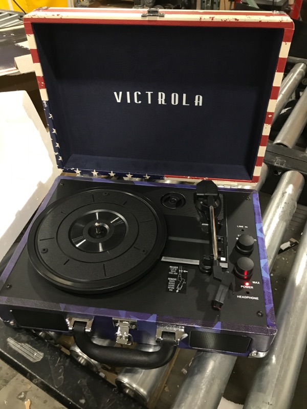 Photo 2 of Victrola Vintage 3-Speed Bluetooth Portable Suitcase Record Player with Built-in Speakers  | American Flag