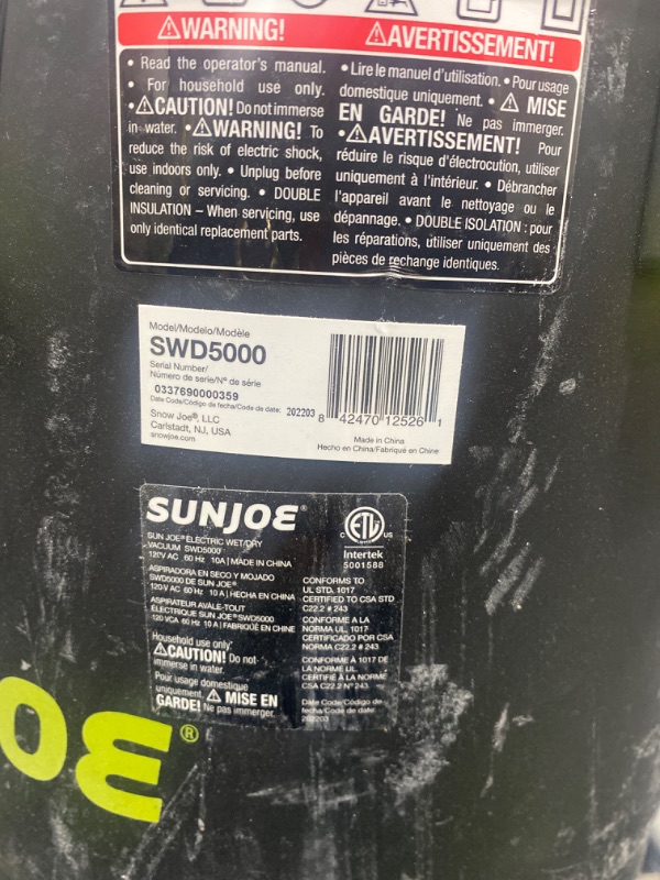 Photo 6 of Sun Joe SWD5000 5-Gallon 1200-Watt 7 Peak HP Wet/Dry Shop Vacuum, HEPA Filtration, Wheeled w/Cleaning Attachments, for Home, Workshops, Pet Hair and Auto Use, 5 Gallon, Black/Green 5 Gallon, 7 HP Canister Vacuums