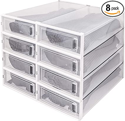Photo 1 of WAYTRIM Stackable Boots Storage Box,8 Pack Foldable Boots Box Organizer and Storage Boots box Clear Plastic Storage Bins Shoe Container Drop Front Shoe Drawers For Boots,White
