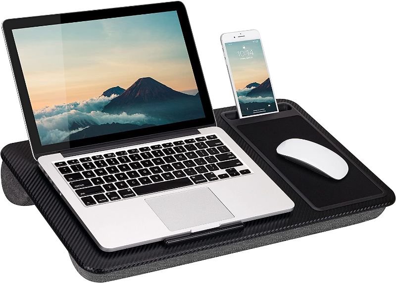Photo 1 of LapGear Home Office Lap Desk with Device Ledge, Mouse Pad, and Phone Holder - Black Carbon - Fits Up to 15.6 Inch Laptops - Style No. 91588--used, dirty 
