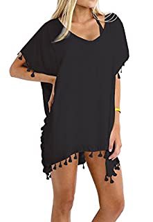 Photo 1 of Amazon Essentials Women's Stylish Chiffon Tassel Beachwear Bikini Swimsuit Cover up Black,One Size-Free size