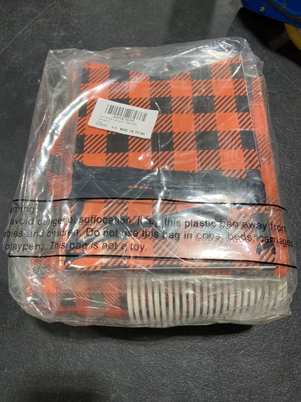 Photo 2 of 194 Pieces Thanksgiving Day Party Supplies Fall Orange Buffalo Plaid Birthday Decoration Orange Black Checkered Gingham Banner Tablecloth Plates Napkins for Home Autumn Orange Party Set, Serves 24