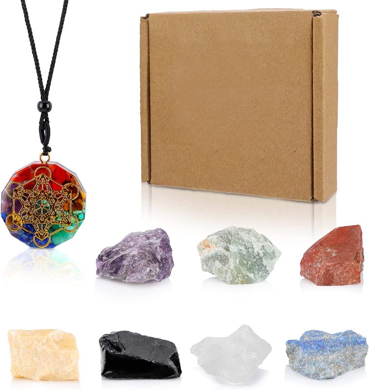 Photo 1 of Crystals and Healing Stones Set, 8 Pcs Healing Crystals Set Include 1Pcs Morgan 7 Chakra Pendant Necklace, 7 Pcs Raw Chakra Stones for Meditation, Yoga, Collection, Girlfriend, Lady https://a.co/d/54jzKqY