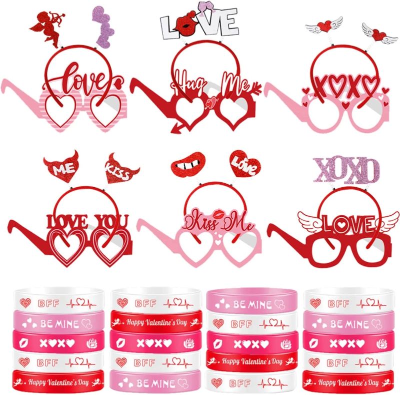 Photo 1 of 32Pcs Valentines Party Accessories Heart Headbands Valentines Eyeglasses and Silicone Bracelet Valentine Day Favor for Wedding Anniversary Party School Classroom Exchange Gifts