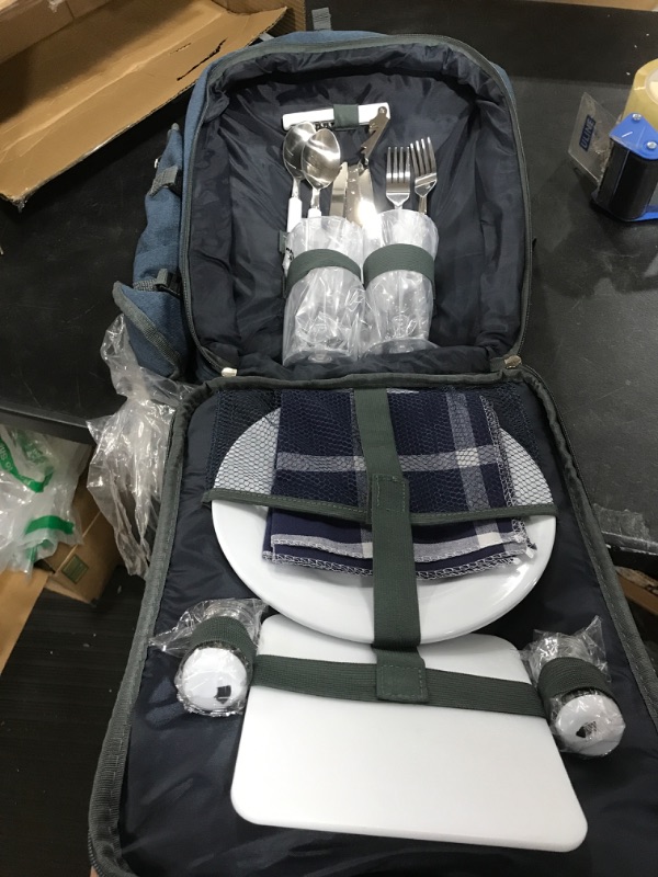 Photo 3 of ALLCAMP OUTDOOR GEAR Picnic Backpack for 2 Person Set W/Detachable Bottle/Wine Holder, Fleece Blanket, Plates and Cutlery Set (Blue) 2 person Blue