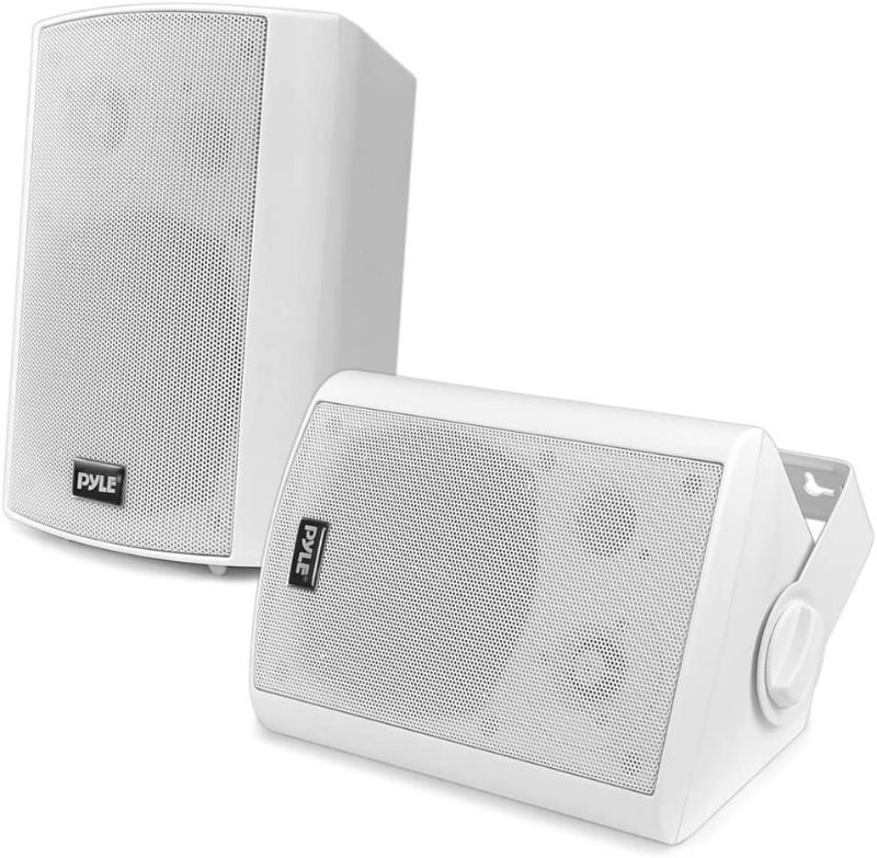 Photo 1 of Wall Mount Home Speaker System - Active + Passive Pair Wireless Bluetooth Compatible Indoor / Outdoor Water-resistant Weatherproof Stereo Sound Speaker Set with AUX IN - Pyle PDWR51BTWT (White)
