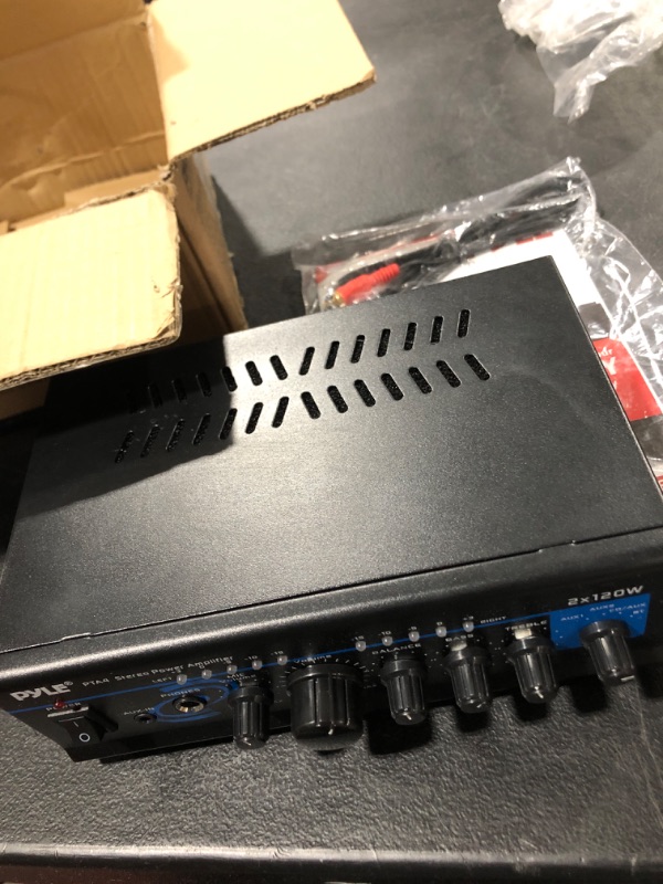 Photo 1 of Home Audio Power Amplifier System with Bluetooth - 2X120W Mini Dual Channel Mixer Sound Stereo Receiver Box w/ RCA, AUX, Mic Input - For Amplified Speakers, PA, Theater, Studio Use - Pyle PTA4
