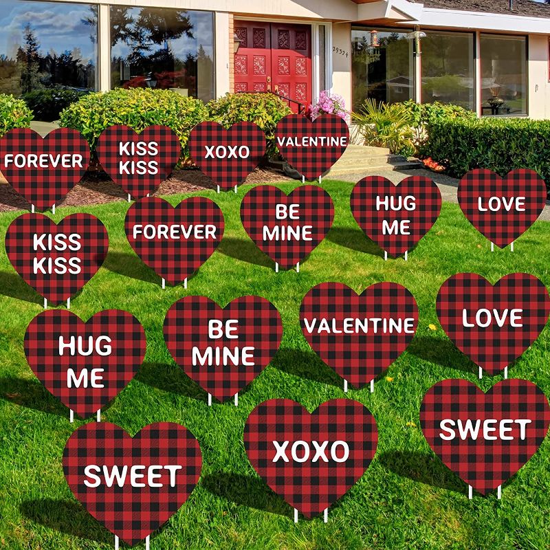 Photo 1 of 16 Pieces Valentines Day Yard Signs Outdoor Lawn Decorations Red Black Plaid Heart Signs Plastic Heart Shape Valentines Day Signs with Stakes Waterproof Love Lawn Yard Signs Outdoor Lawn Decor
