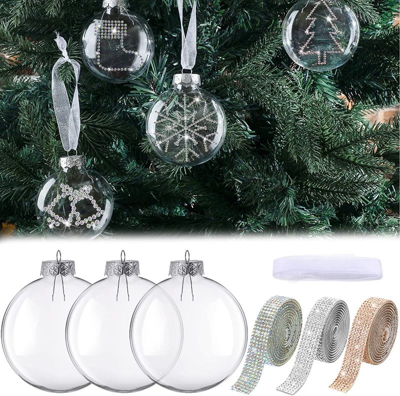 Photo 1 of 9 Piece Christmas Clear Ball Ornaments Round Ornament Balls with Hole Christmas Clear Blank Balls Unfinished Hanging Ornament and Rhinestone Sticker Chiffon White Ribbon for Christmas DIY Decor
