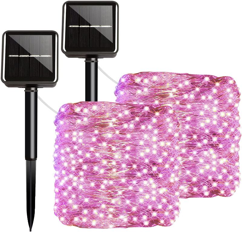 Photo 1 of 100 LED 33Ft Outdoor Solar String Lights, Pink Super Bright Solar Fairy Lights with 8 Lighting Modes Waterproof Decoration Silver Wire Lights for Patio Yard Trees Christmas Wedding Party, 2 Pack
