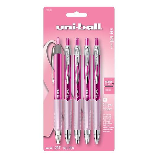 Photo 1 of Uni-ball 207 Retractable Gel Pens, Medium Point, Black Ink, Pink Ribbon Edition, 5 Pack
