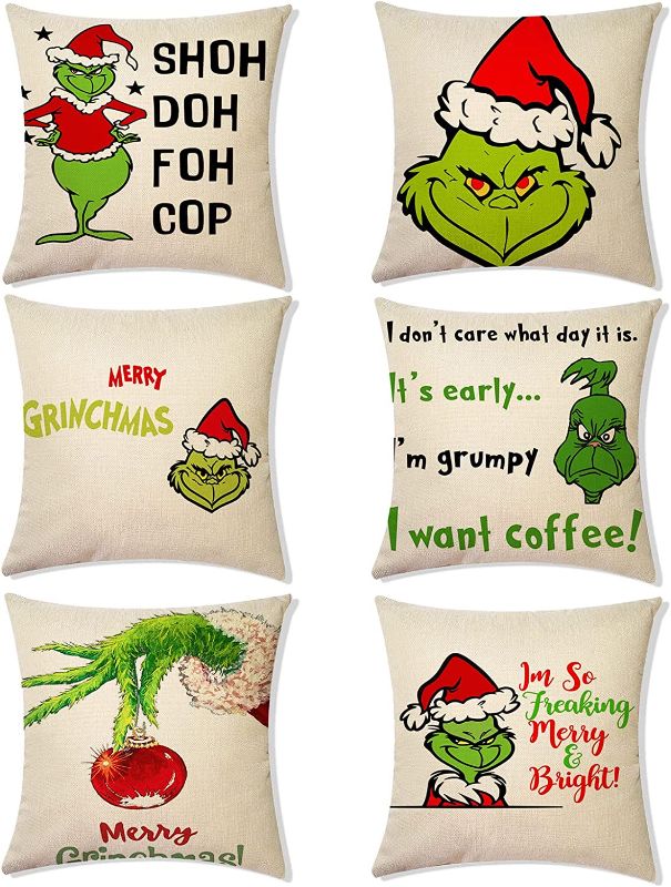 Photo 1 of Abida Christmas Pillow Covers, Grinch Decoration, 18x18 Inch Set of 6 for Christmas Decorations, Throw Pillows Cover Cotton Linen Pillow Case for Farmhouse Bedroom Decor, for Christmas Thanksgiving
