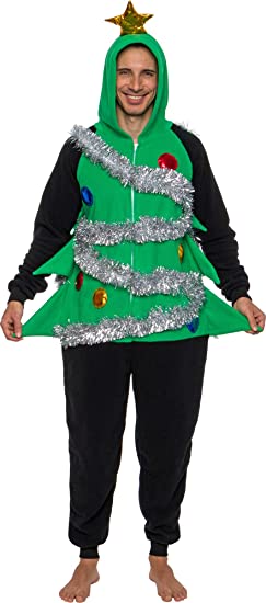 Photo 1 of FUNZIEZ! Christmas Tree Costume Slim One Piece Pajamas Plush Novelty Holiday Jumpsuit - Green - Medium
