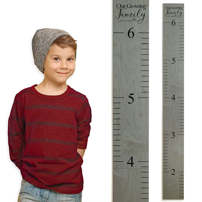 Photo 1 of " Headwaters Studio Wooden Ruler Growth Chart for Kids, Boys & Girls - Height Chart & Height Measurement for Wall - Kids Nursery Wall Decor & Room Hanging Wall Decor - Our Growing Family - Gray" 