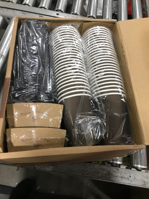 Photo 2 of 100 Pack 16 oz Paper Coffee Cups, Brown Disposable Coffee Cups with Lids, Sleeves and Sticks, Drinking Cups for Cold/Hot Coffee, Water or Juice, Hot Paper Cups for Home, Restaurant, Store and Cafe. 