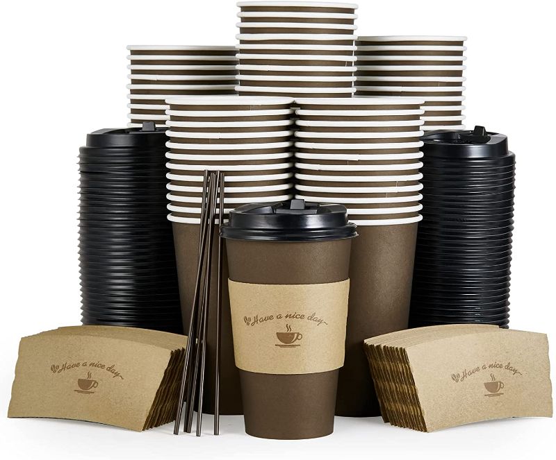Photo 1 of 100 Pack 16 oz Paper Coffee Cups, Brown Disposable Coffee Cups with Lids, Sleeves and Sticks, Drinking Cups for Cold/Hot Coffee, Water or Juice, Hot Paper Cups for Home, Restaurant, Store and Cafe. 