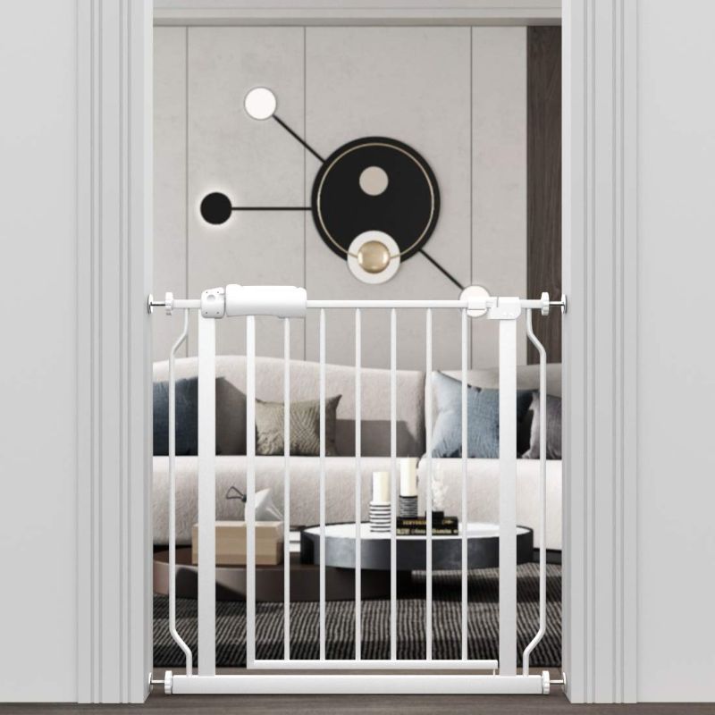 Photo 1 of ALLAIBB Narrow Walk Through Baby Gate Auto Close Tension White Metal Child Pet Safety Gates with Pressure Mount for Stairs,Doorways and Baniste 24.2-27.56 in(29.13-33.86"/74-86cm)