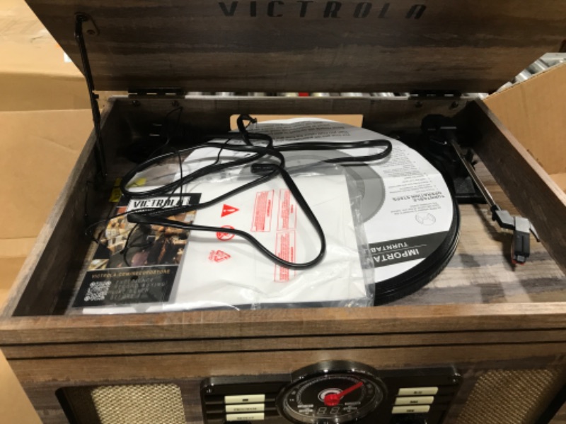 Photo 3 of Victrola Nostalgic 6-in-1 Bluetooth Record Player & Multimedia Center & Cassette Player, AM/FM Radio | Wireless Music Streaming | Farmhouse Shiplap Grey & Wooden Record Crate, Wood Color Farmhouse Shiplap Grey Entertainment Center + Record