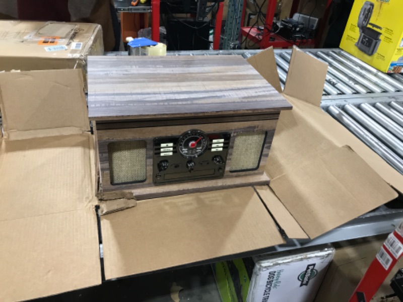 Photo 2 of Victrola Nostalgic 6-in-1 Bluetooth Record Player & Multimedia Center & Cassette Player, AM/FM Radio | Wireless Music Streaming | Farmhouse Shiplap Grey & Wooden Record Crate, Wood Color Farmhouse Shiplap Grey Entertainment Center + Record