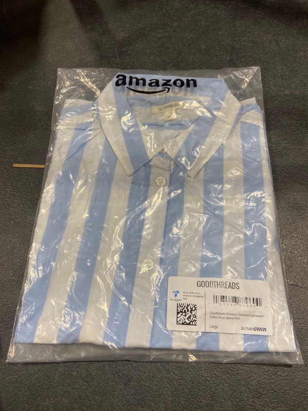 Photo 2 of Amazon Brand - Goodthreads Women's Oversized Lightweight Cotton Short-Sleeve Shirt Large Blue/White, Wide Stripe