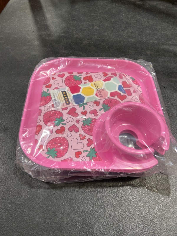 Photo 2 of 2-Pack Kids Reusable Plastic Plates with Built-In Cup Holder - Easy to Hold Food Snack Tray & Beverage Holder for Children - Dishwasher & Microwave Safe - Made in USA (Strawberries) 2 Pack Strawberries