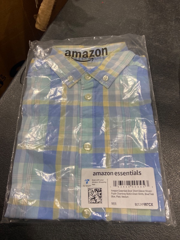 Photo 2 of Amazon Essentials Boys and Toddlers' Short-Sleeve Woven Poplin Chambray Button-Down Shirt Medium Blue/Teal Blue, Plaid