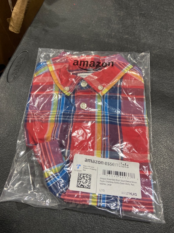 Photo 2 of Amazon Essentials Boys and Toddlers' Short-Sleeve Woven Poplin Chambray Button-Down Shirt Large Red, Madras
