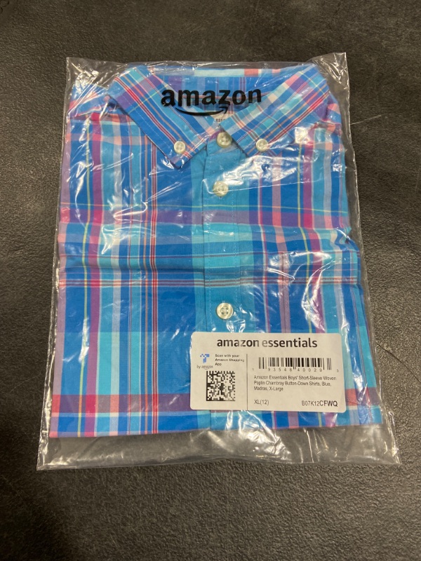 Photo 2 of Amazon Essentials Boys and Toddlers' Short-Sleeve Woven Poplin Chambray Button-Down Shirt X-Large Blue, Madras