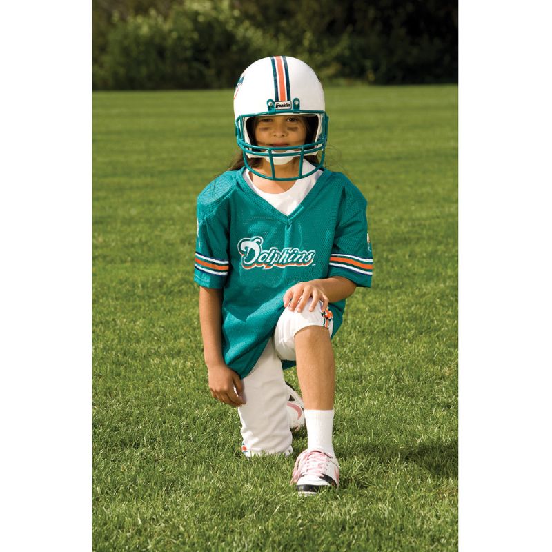 Photo 1 of Miami Dolphins Youth NFL Deluxe Helmet and Uniform Set - Med *Stains; Helmet has minor scratches