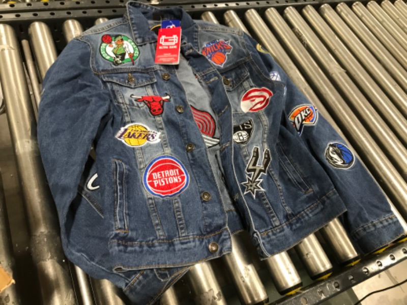 Photo 2 of  Ultra Game NBA Men's Distressed Multi-Team Denim Patch Jean Jacket, SIZE S