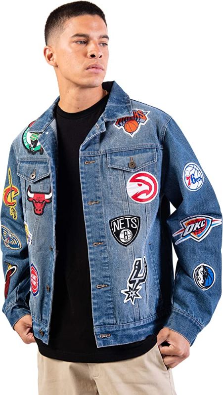 Photo 1 of  Ultra Game NBA Men's Distressed Multi-Team Denim Patch Jean Jacket, SIZE S