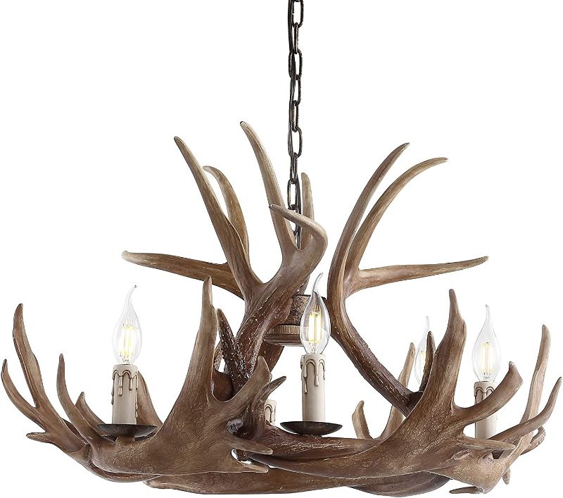 Photo 1 of  JONATHAN Y JYL6302A Eldora 28.5" Adjustable Resin Antler 6-Light Chandelier, Rustic, Cottage, Transitional, Dimmable Dining Room, Living Room, Kitchen, Foyer, Bedroom, Brown 