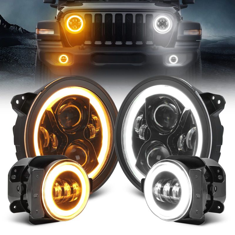 Photo 1 of SUPAREE JL 9 Inch LED Headlights + 4 Inch Fog Lights with Integrated DRL Turn Signal Low High Beam Halo Ring for 2018 2019 2020 2021 Jeep Wrangler JL 2019 2020 2021 Gladiator JT Accessories, 4 Packs 9'' LED Headlights+ Fog Lights