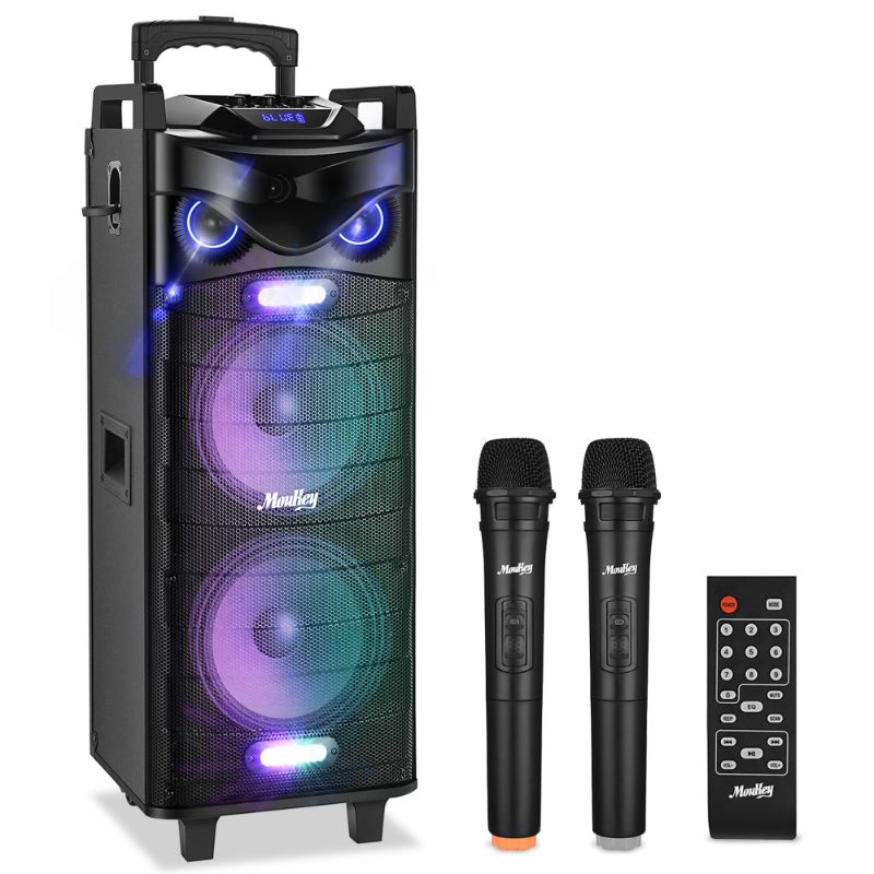 Photo 1 of Moukey Karaoke Machine, PA System Double Subwoofer for Party, Portable Bluetooth Speaker w/ 2 Wireless Microphone, Disco Lights and Echo/Treble/Bass Adjustment, Support TWS/REC/AUX/MP3/USB/TF/FM Double 10" Subwoofer