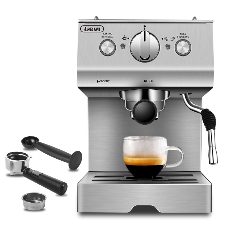 Photo 1 of Gevi 15 Bar Pump Espresso Coffee Machine, Espresso and Cappuccino Machine for Home, with Manual Milk Frother Steam Wand, 50 oz removable water tank, Silver / Stainless